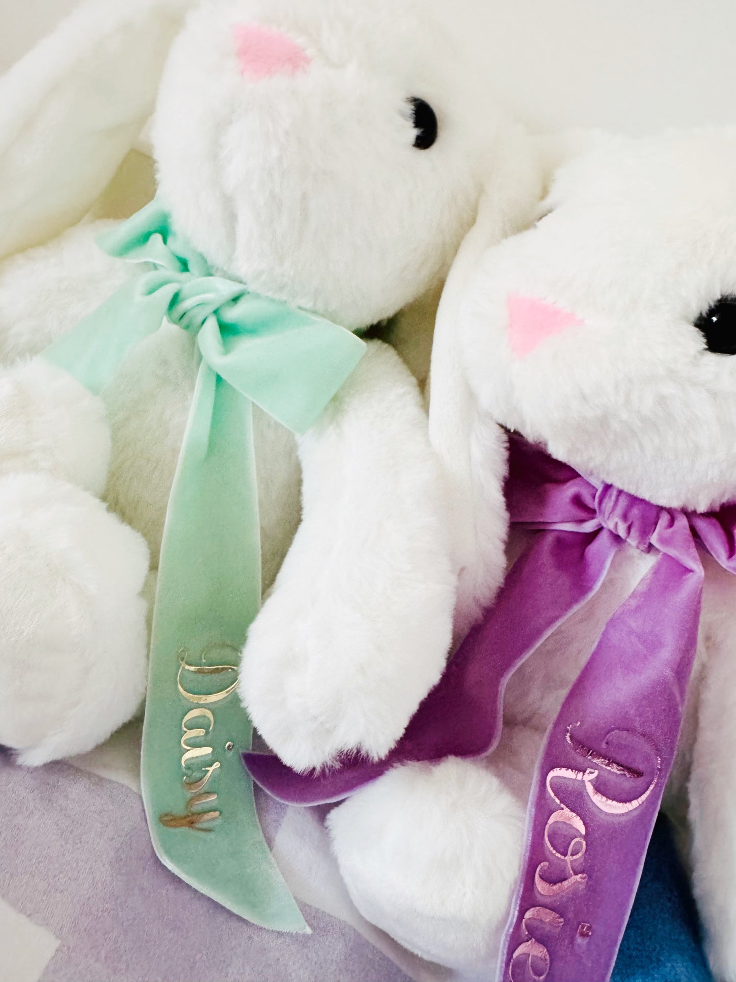White Easter bunny cuddly rabbit with personalised name bow