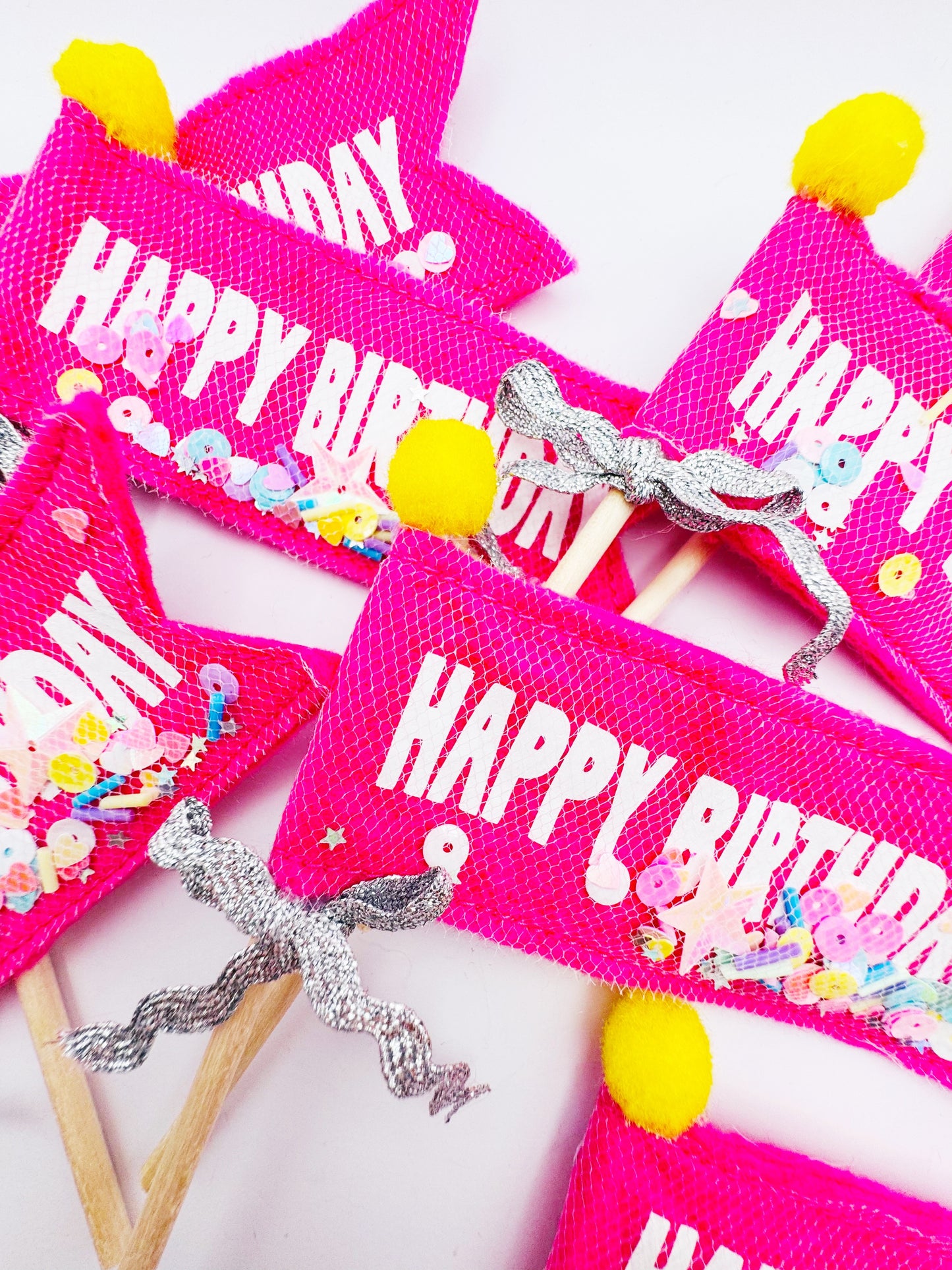 Pink Happy Birthday Sprinkle Cake Flag Toppers