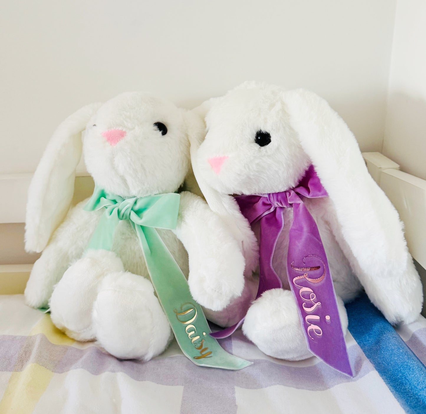 White bunny Easter soft toy with customised ribbon bow